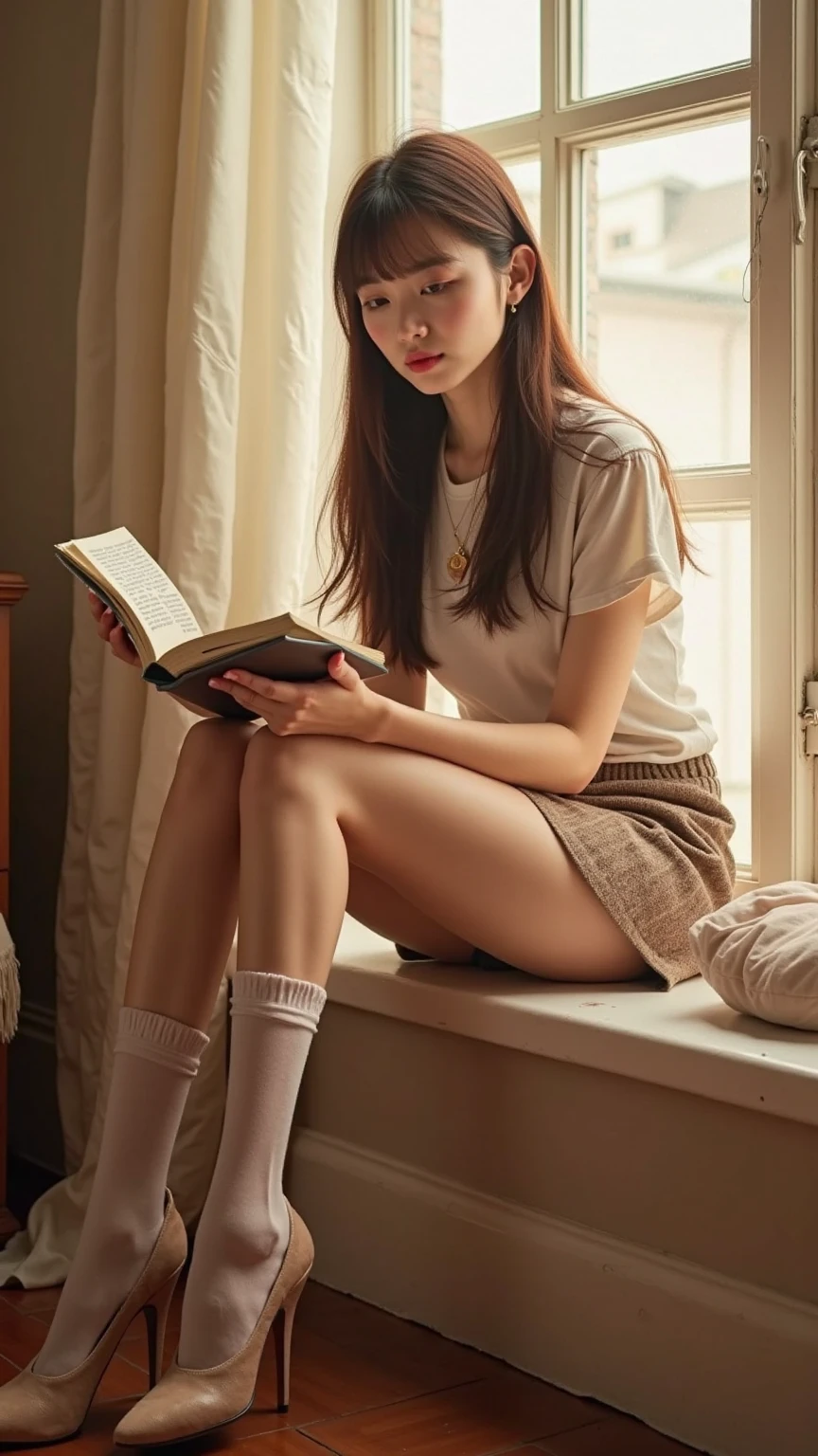 1girl in white t-shirt is sitting and reading a book, knees together feet apart. Visible female genitals. Behind her a modern bookcase.