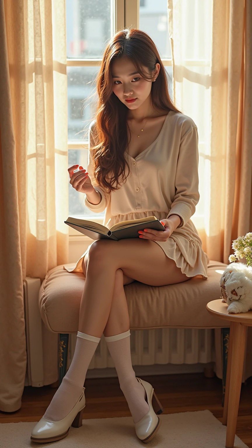 best quality, Generate an image of a Pakistani woman in a  modern living room. The person is a 25-year-old woman with curly brown hair, wearing a yellow dress and white sandals. She's sitting on a gray couch, reading a book, with a cup of coffee on the coffee table. The room has a large window with curtains, a TV stand, and a bookshelf. The style is photorealistic with warm and cozy lighting.