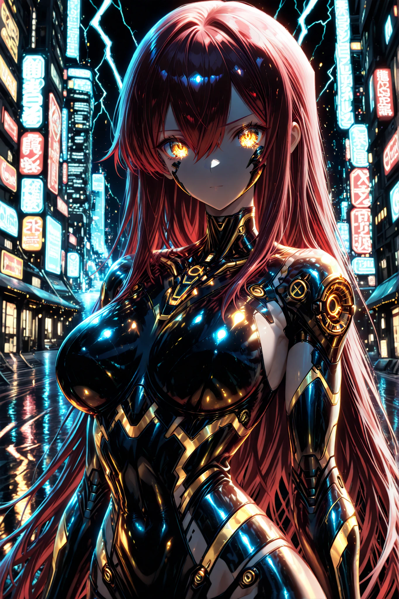 ((4k,8k,Ultra HD)),((Masterpiece :1.2)),((Best quality :1.2)),((Detailed :1.5)),((Detailed background :1.5)), 1 girl, golden eyes , very long hair , long sidelocks, red hair , half upon, mediumlarge breasts , petite , very cute , beautiful ,Straight hair, cool, handsome, hair between eyes, confident, , solo, cyberpunk, cyborg-like mechanical body, upper body, glowing eyes, neon city background, looking at viewer, from the front,shine colorful, glowneon, glowing, sparks, lightning