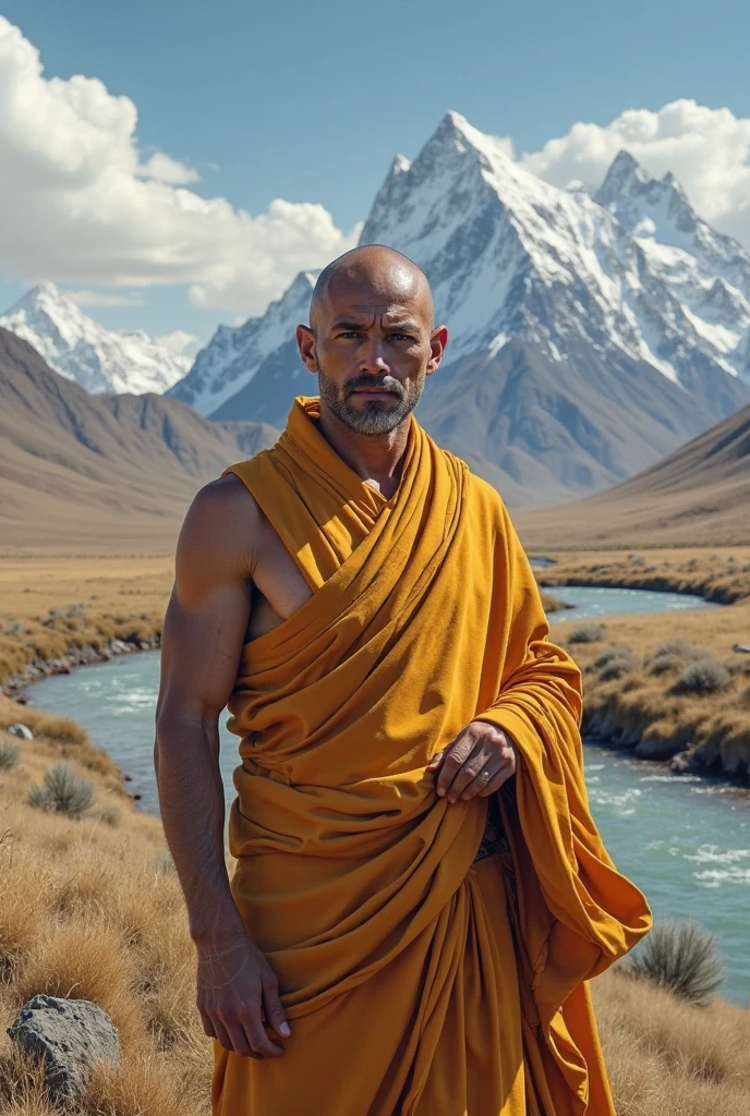 A monk wearing monk dress on himalays in serious mood also with proper body muscle and six abs looking front
