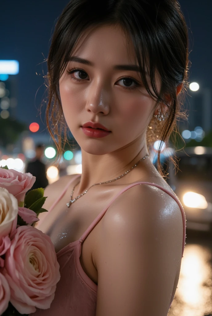 (RAW shooting, Photoreal:1.5, 8K, highest quality, masterpiece, ultra high resolution), perfect dynamic composition:1.2, modern city, In front of the church at night:1.5, expression of sadness:0.5, (((Typhoon heavy rain))), Highly detailed skin and facial textures:1.2, Slim office lady wet in the rain:1.3, cowboy shot, Fair skin:1.2, sexy beauty:1.1, perfect style:1.2, beautiful and aesthetic:1.1, very beautiful face, water droplets on the skin, (rain drips all over my body:1.2, wet body:1.2, wet hair:1.3), (Holding a wet bouquet:1.2, wet pink wedding dress:1.3), (Medium chest, bra is see-through, Chest gap), (cry, lovelorn, The expression on your face when you feel intense caress, Facial expression when feeling pleasure), (beautiful blue eyes, Eyes that feel beautiful eros:0.8), (Too erotic:0.9, Bewitching:0.9), necklace, earrings, bracelet