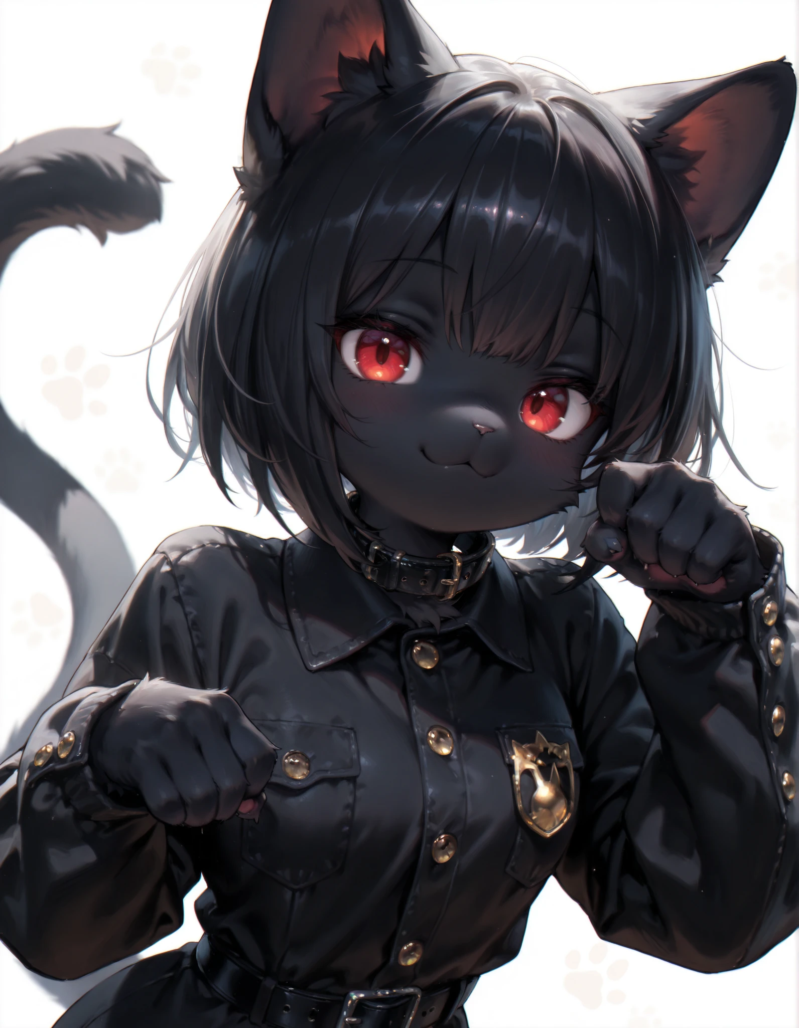 masterpiece, best quality, very aesthetic, 1girl, solo, white background, looking at viewer, portrait, paw pose, :3,
furry female, cat girl, animal ears, black hair, short hair, black skin, red eyes, cat tail,
black jacket, buttons, long sleeves, black belt, collar,
masterpiece, best quality,