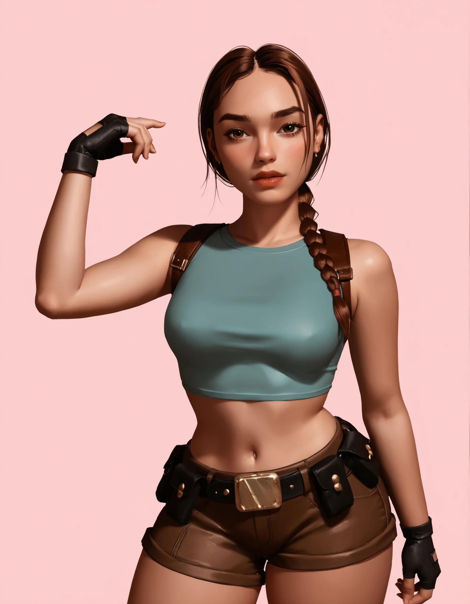 A highly detailed and stylized digital illustration of the athletic and beautiful adventurer Lara Croft, making a sexy pose with a flirty expression, ((low-cut)) (crop top), brown tactical shorts, two black holsters, black fingerless gloves and a black utility belt, long brown braided hair, hazel eyes, light pink background, (front view), upper body illustration.