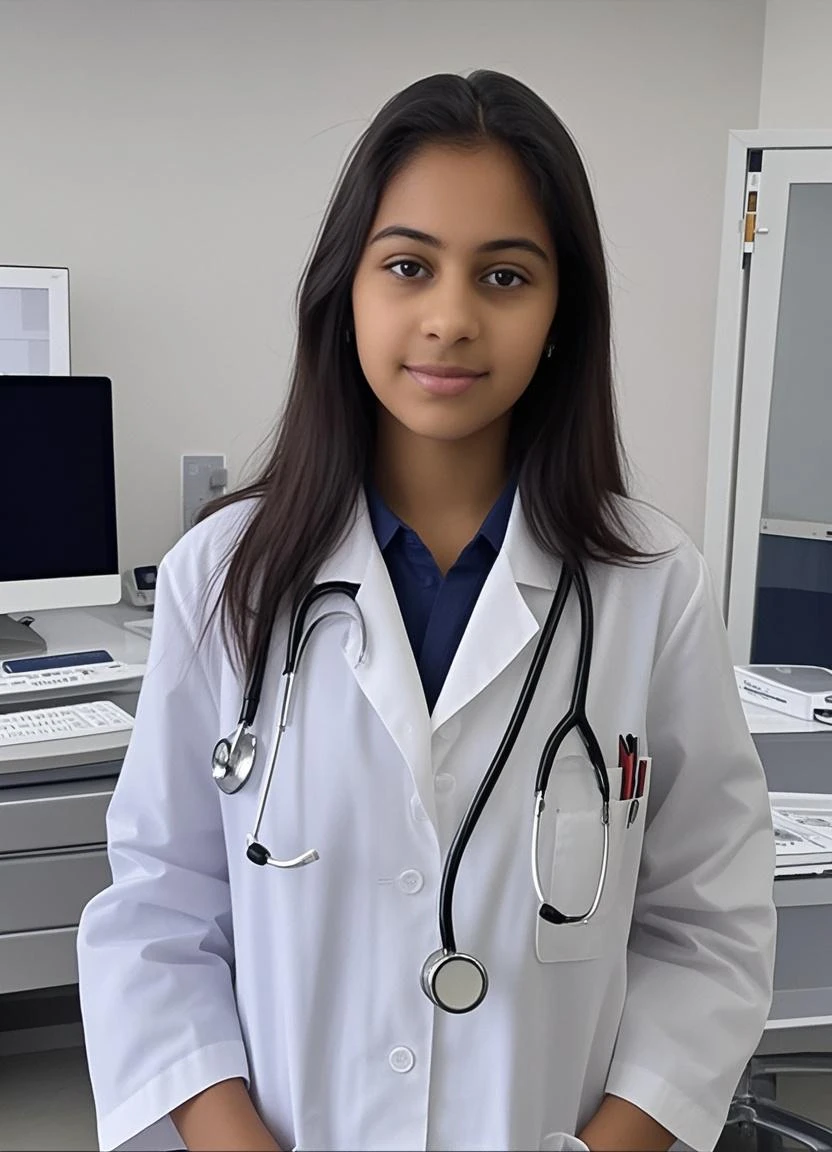 An Indian lady doctor sitting in a clinic, of age 25 -30 wearing a white coat pant and stethoscope, professional and poised, traditional beauty, serene and confident, medical professional, in a well-equipped clinic, focused on her work, Indian style, sophisticated and intelligent, highly detailed environment, warm and caring demeanor, expert in her field, compassionate expression, modern clinic setting, surrounded by medical tools and equipment, highly detailed shot, calm and reassuring presence, inspirational figure, dedicated to patient care."