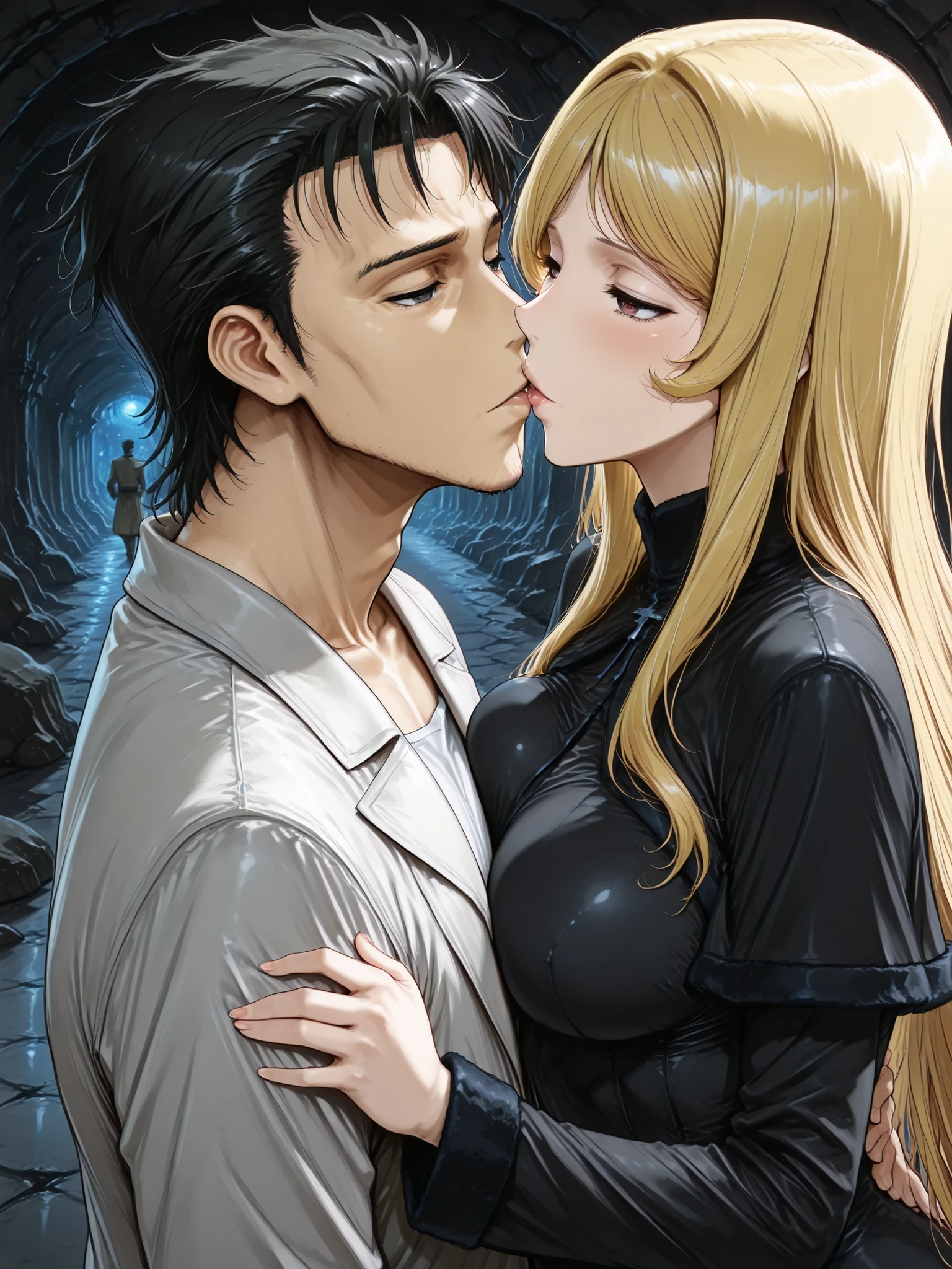 ((Best Quality)),( super high definition),(Super detailed),( detailed description ),((The best CG)),(masterpiece),  dark dungeon,dark cave,lanthorn,(1boy and 1girl,1boy is a Okabe rintaro, 1 girl  is THE GALAXY EXPRESS 999＿Maetel,the  girl kiss the boy)