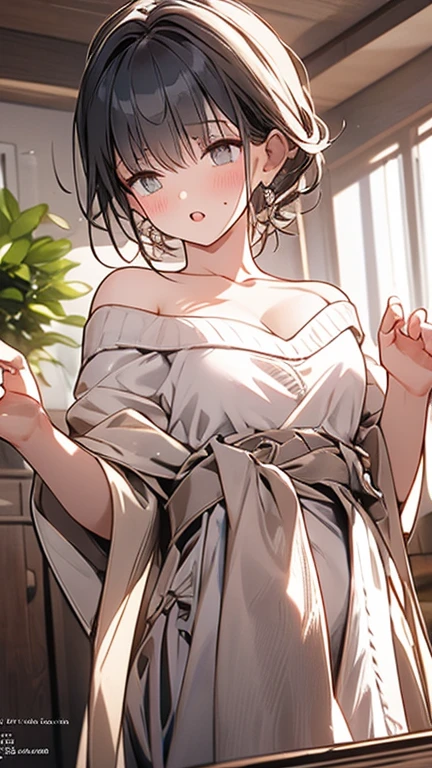 masterpiece, yor, 1girl, Bust A Cup, Amazing Cleavage:1.3, thin waist, big ass, Raised sexy, big breast: 1.2 posed cleavage:1.2、solo, looking at viewer, open mouth, have a cute grass of cute beergrass,black hair, red eyes, dress, bare shoulders, jewelry, collarbone, sidelocks, hairband, earrings, indoors, off shoulder, :o, sweater, arms behind back, plant, short hair with long locks, white hairband, off-shoulder dress, sweater dress, off-shoulder sweater, red sweater, big side hair, very long side hair,is rendered in (masterpiece: 1.2, best quality), with (ultra high resolution) and an exquisite (depth of field). This masterpiece is not only visually stunning but also tells,A scene of cooking in the kitchen
