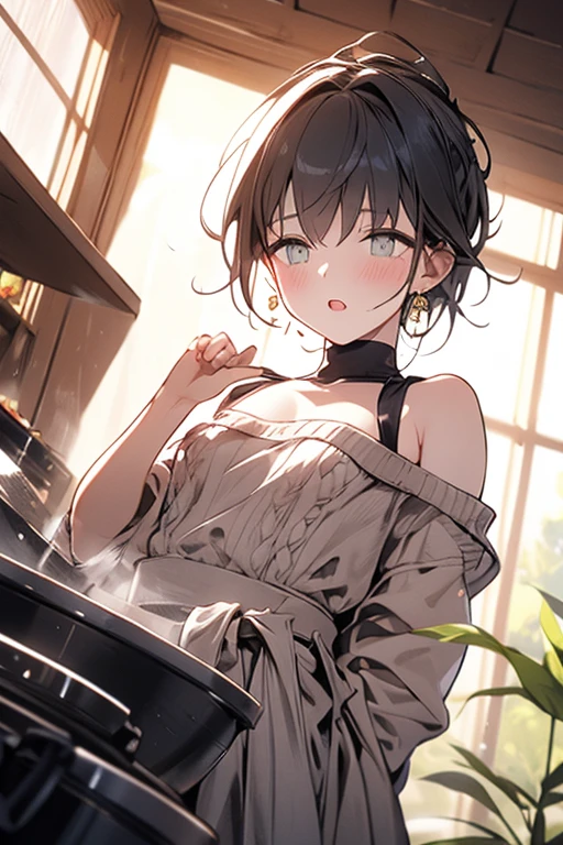 (small breasts:1.3), (perky chest:1.1), (pointed chest:1.0), (fashion magazine cover:1.3),(from below:1.0),(from side:0.9),masterpiece, 1girl, Amazing Cleavage:1.1, thin waist, big ass, Raised sexy, small breast: 1.3, posed cleavage:1.2、solo, looking at viewer, open mouth, have a cute grass of cute beergrass,black hair, dark green eyes, dress, bare shoulders, jewelry, collarbone, sidelocks, hairband, earrings, indoors, off shoulder, :o, sweater, arms behind back, plant, short hair with long locks, gild hairband, off-shoulder dress, sweater dress, off-shoulder sweater, red sweater, dark gord hair, big side hair, very long side hair,is rendered in (masterpiece: 1.2, best quality), with (ultra high resolution) and an exquisite (depth of field). This masterpiece is not only visually stunning but also tells,A scene of cooking in the kitchen by classroom