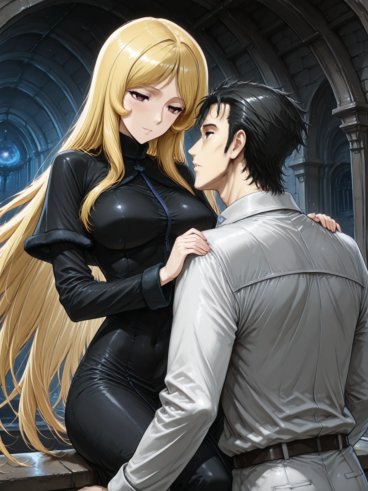 ((Best Quality)),( super high definition),(Super detailed),( detailed description ),((The best CG)),(masterpiece), dark dungeon,dark cave,lanthorn,(1boy and 1girl,1boy is a Okabe rintaro, 1 girl is THE GALAXY EXPRESS 999_Maetel,the girl kiss the boy)