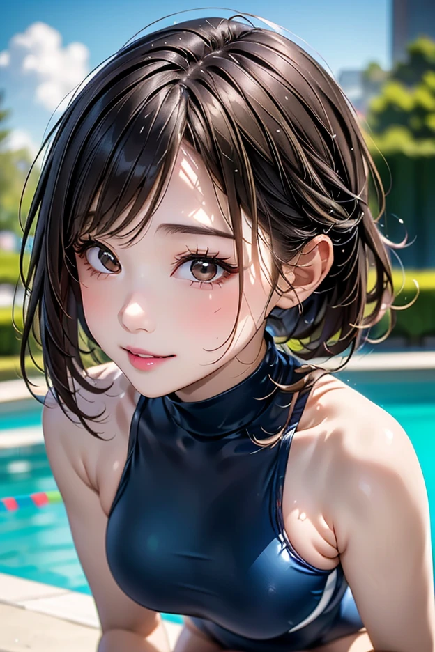 A beautiful girl in a swimsuit is immersed in water up to her chest in a night pool. Korean style eye makeup, mature, beautiful, masterpiece, high resolution