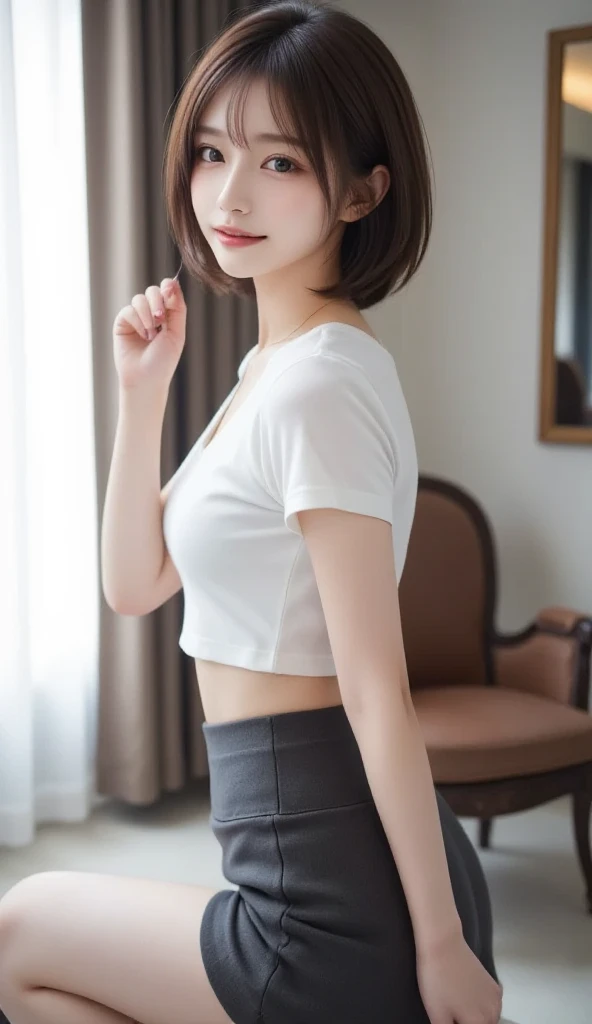 8K, Ultra-high resolution, Highest quality, masterpiece, 三分割法によるphotograph,Surreal, photograph, 1 Girl, (:1.3), pretty girl, Cute face, Beautiful eyes in every detail, 細かくdetailedに,masterpiece,, One Girl:1.2, Japan Female Announcer,whole body,(Absurd, High Fantasy Art, Best HD images, 注意深くdetailedに, 非常にdetailedな特徴と質感), Solo Character, 16 years oldhas short black hair, Purple eyes with black pupils, Flat Chest, Slim texture, Very thin lips, White skin, (Scottish short skirt, Grey Leather Shirt, silver meral belt between her Scottish short skirt and belly), Confident pose, Very serious face, No Sense of Humor Irish Wooden Cottage with Ancient Greek and Celtic Furniture, Attractive thighs, Sensual,A carefree smile,Heal the heart,Black Hair,Short Bob,Looking at the audience、beauty,Long neck、Laugh a little、Please close your mouth and laugh、(((Ideal body type))),A cup small breasts :2,、Portraiture:2、Perfect Anatomy、鮮明なdetailed、detailed、Surreal、Light and shadow,Strong light