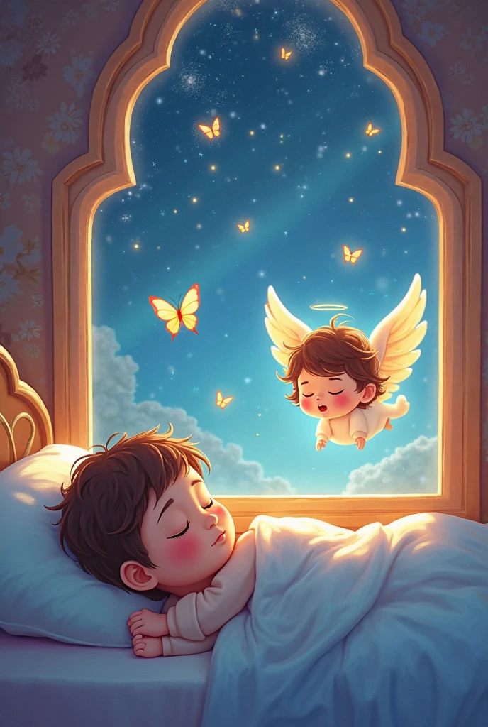 Dark brown haired baby, withe wings, on my back on a cloud crawling looking at stars and a small rocket