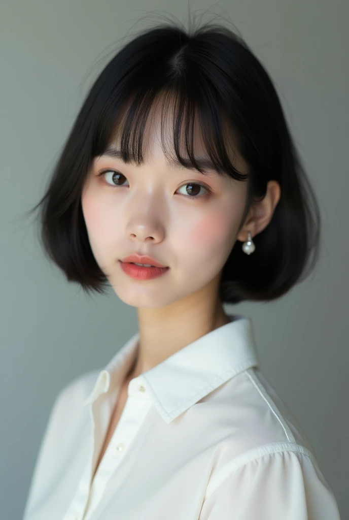 (masterpiece, top quality, best quality, (close-up photograph: 2), ((1girl)), korean, fair skin, (extremely detailed face), ((looking at viewer)), ((((ultra-detailed eyes and pupils)))),((((ultra-detailed lips)))) cheekbone, plump cheeks, ((bare pectorals)), ((bare chest)), ((tube dress)), bare head, ((bare shoulders)), symmetrical frame, (((strapless))), ((closed lips)), (((smile))), ((symmetrical pose)), (symmetrical face: 1.6), 35mm, ((((minimal plain white background)))), ((no lighting)), no watermark, ((bob hair)), (((black hair))), <lora:jiminlorashy:1>
