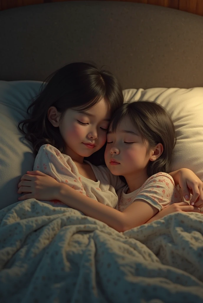 In a room a double bed and a window a women and boy sleeping at night and maffeld a blanket some lights coming through window ,realistic ,camera angle from left side