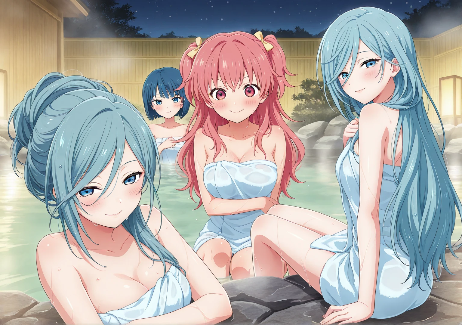 Highest quality、High resolution、Detailed Background、Beautiful face in every detail、Anatomically correct、Detailed facial expressions、fine grain、((full body, from below:1.5, looking viewer:1.2)), break ((One Girl:1.5)、((Chibi Girl:1.5)))、Bright pretty pink hair color、Big beautiful blue eyes、Fuller lips、Pink Lips、Braided twintails、Ahoge、(Pretty shiny pink satin dress、Cute heels、Cute hair accessories)、break Phoenix and the girl are snuggling up together:1.5、(Big smile、Happy expression)、break ((Phoenix in the background、Open-air hot spring、Daytime、Pleasant weather、Fresh greenery))