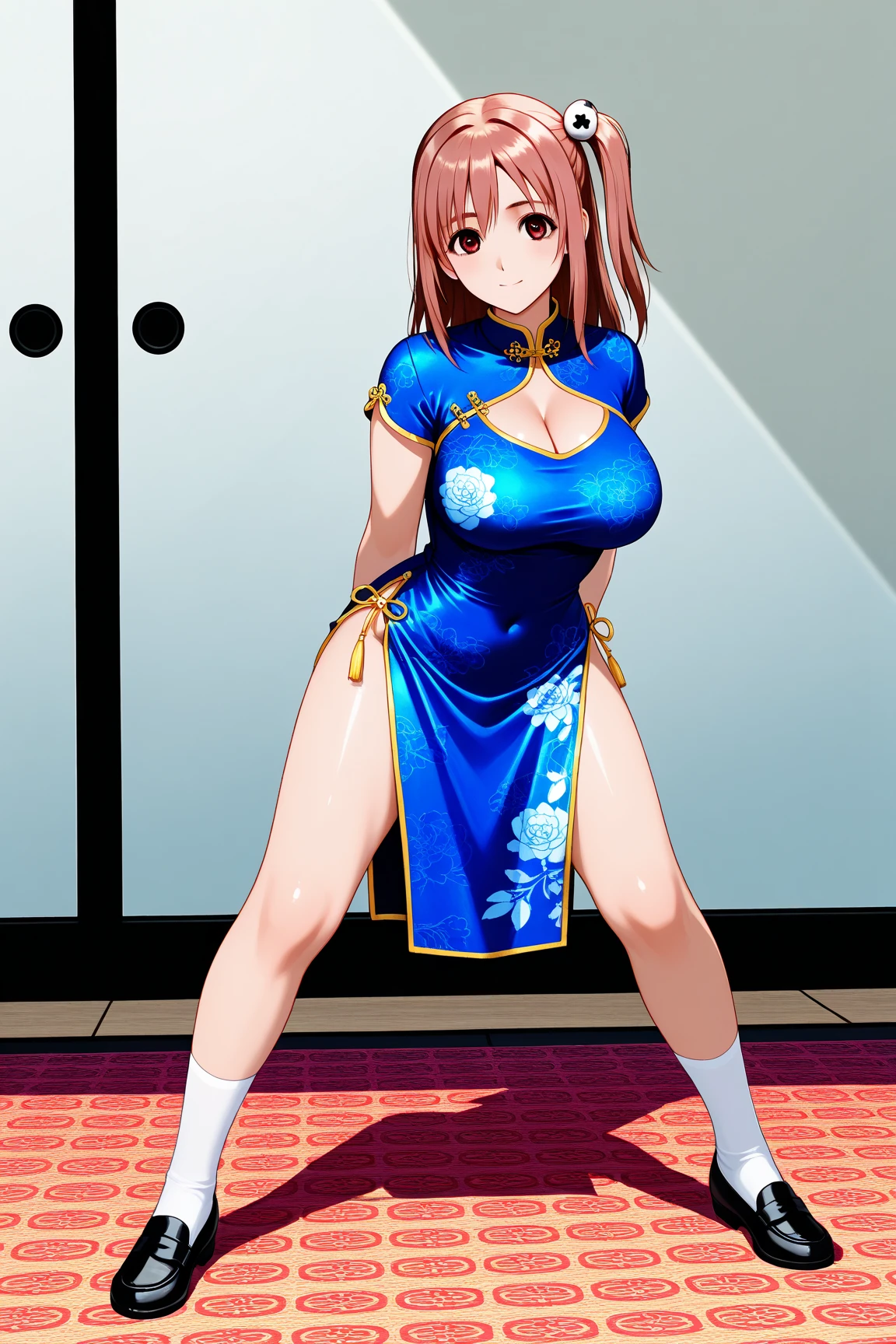 masterpiece, best quality, beautiful art, high resolution, well formed hands, body and fingers, 1 woman, solo, Sayuki Tokihara adult, big breasted, cleavage, full body, long hair, hair ornament, gorgeous legs and thighs, blue_kunoichi_dress, white stockings, sleeveless, she is fighting in a combat match at a martial arts tournament, she is getting ready to fight, making her guard pose, action and fighting scene, about to hit the viewer, looking at the viewer, sweating , feeling confident and proud, smiling joyfully and happily, charming her opponent with her beauty, fighting scene, martial arts tournament on the beach