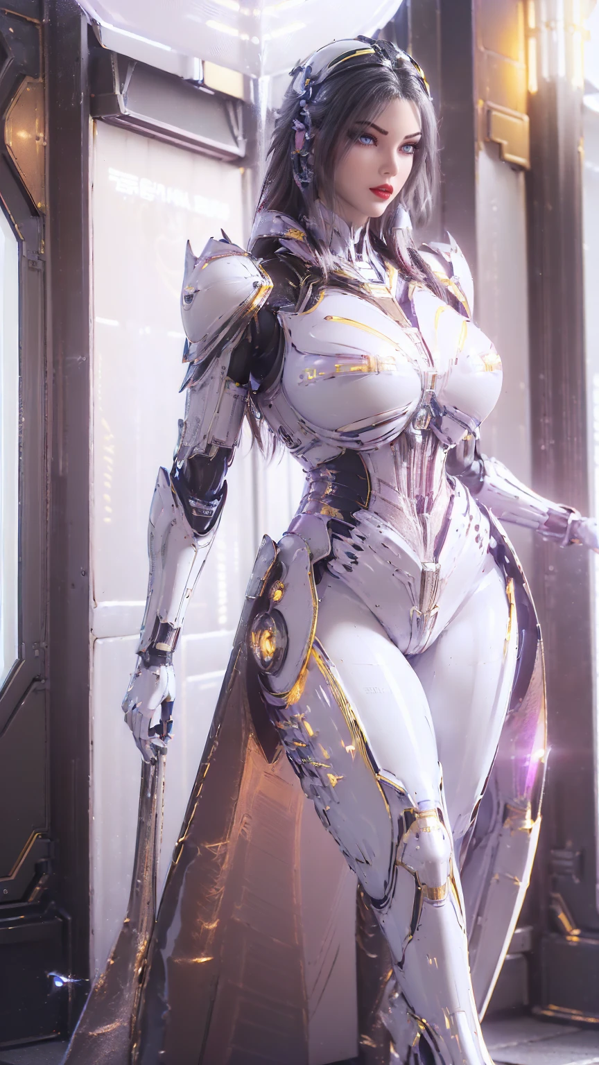 (1GIRL, SOLO), (ssmile, makeup, beautifull eyes, red_libs, blond_hair), (dragon horn helmet:1.5), (BIG BUTTOCKS, HUGE BOOBS:1.4), (PHOENIX MECHA GUARD ARM, GLOVES:1.3), (white,purple,gold, MECHA CYBER SHINY ARMORED SUIT, ROYAL CAPE, CLEAVAGE, MECHA SKINTIGHT HOTPANTS, GUARD ARMOR LEGS, HIGH HEELS:1.4), (MUSCULAR BODY, SEXY LONG LEGS, FULL BODY:1.5), (MUSCLE ABS:1.2), (LOOKING AT VIEWER:1.3), (WALKING DOWN HALLWAY OF FUTURISTIC SPACE STATION, BRIGHT LIGHTING IN THE ROOM:1.3), PHYSICALLY-BASED RENDERING, ULTRA HIGHT DEFINITION, 16K, 1080P.