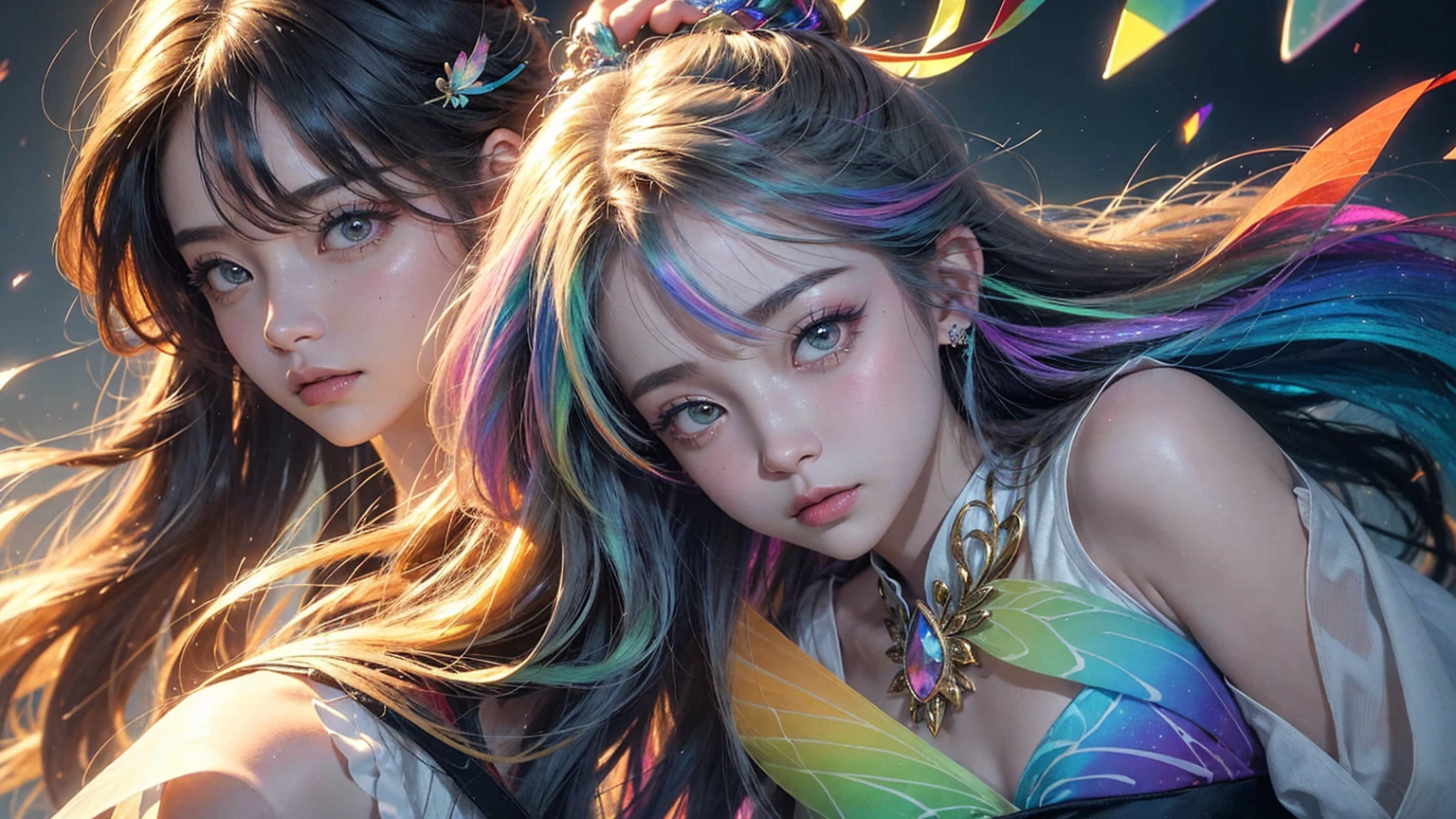 Close-up of a woman with colorful hair and necklace, anime girl with cosmic hair, Ross brings a gentle vibrancy, Gouvi style artwork, Fantasy art style, colorful], Vibrant fantasy style, Rossdraws A powerful comic, cosmic and colorful, Gouvice, colorful digital fantasy art, Amazing art style, beautiful anime style, I glow