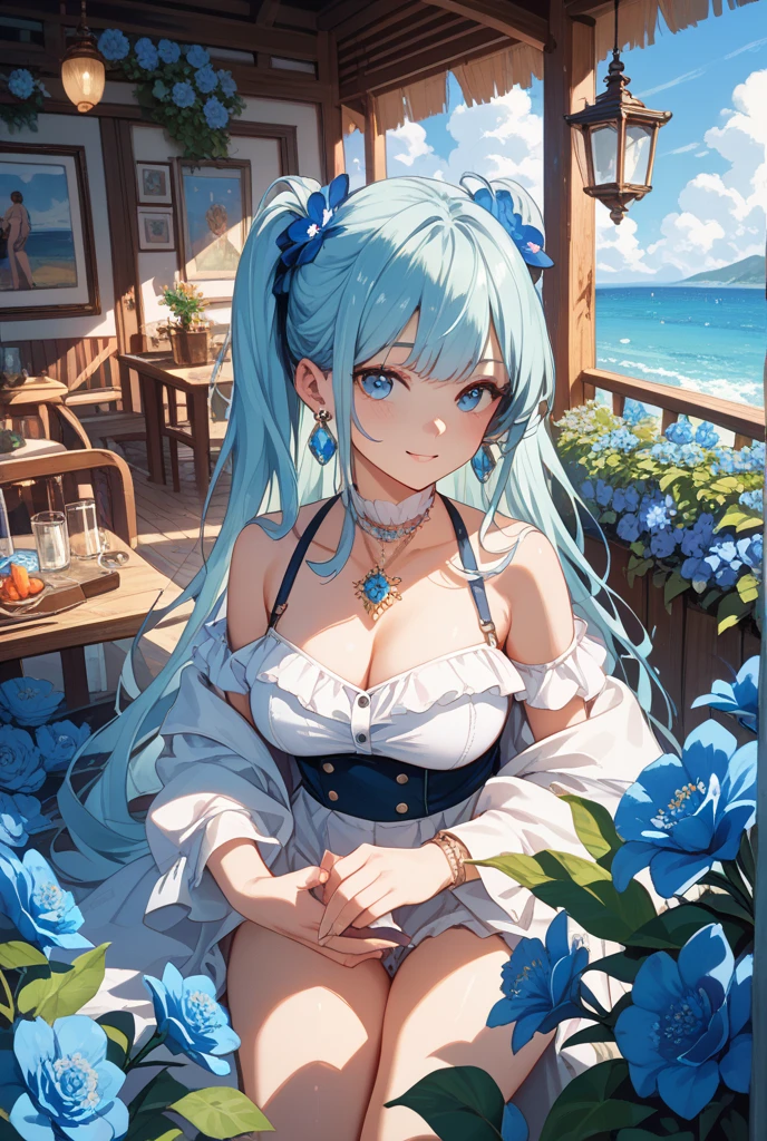 （masterpiece）、(highest quality)、((Super detailed))、(super delicate)、Idol in naughty night dress、light aqua blue hair、beautiful breasts、Thighs、Gorgeous、lake with mountain view、Fantastic starry sky