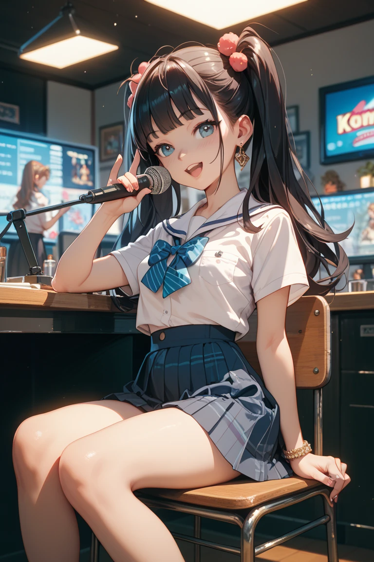 ((((Highest quality, High resolution)))), Extremely detailed 8K, Beautiful girl with slim body, (Ultra HD, Very detailed, Very detailed, Very realistic, Ultra-realistic, Photo Real), (One girl:1.5), Long Hair、Twin tails、Brown eyes, (Medium Breast: 1.2), (Beautifully detailed face, Beautiful attention to detail), (Sheer blouse:1.4),(Cleavage)、(Light of the sun, sunlight),(slender:1.5),(Light clothing:1.6),(Open chest)、(Idol face:1.7),(Beautiful eyes)、(Beautiful face)、(Toned body:1.5),(masterpiece:1.8),Blushing、Beautiful Skin、Moist eyes、Embarrassed expression、Baby Face、Big Eyes、smile、(Slim and beautiful legs:1.4),(mini skirt:1.4),(Panty shot:1.4),(squat)