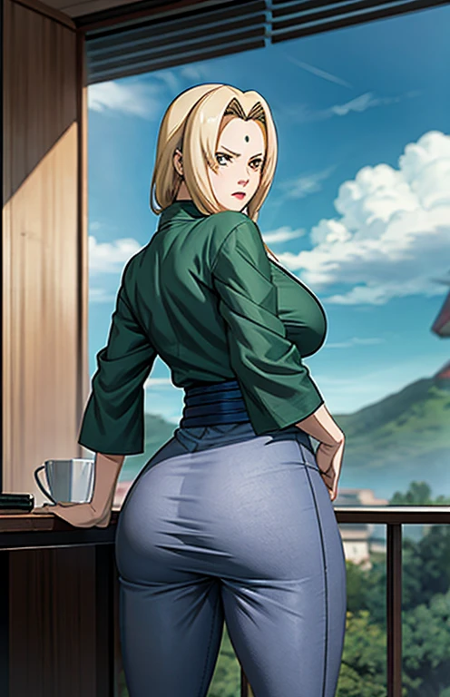 tsunade, hair blonde, Breasts huge, mature woman,huge  ass, green coat, chest bandage (Artwork:1.2, best quality:1.2, appealing, high qualiy, high resolution:1.1, aesthetics), detailded, extremely detailded, soft ambient lighting, 4K, perfect lighting