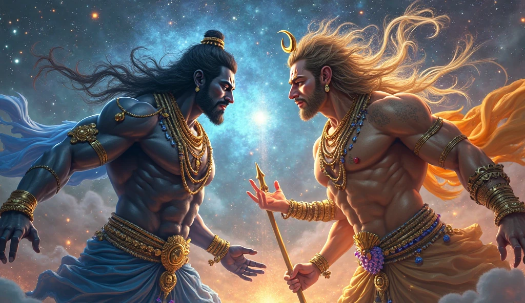 I want you to make 2 Mayan male gods creating water and earth 