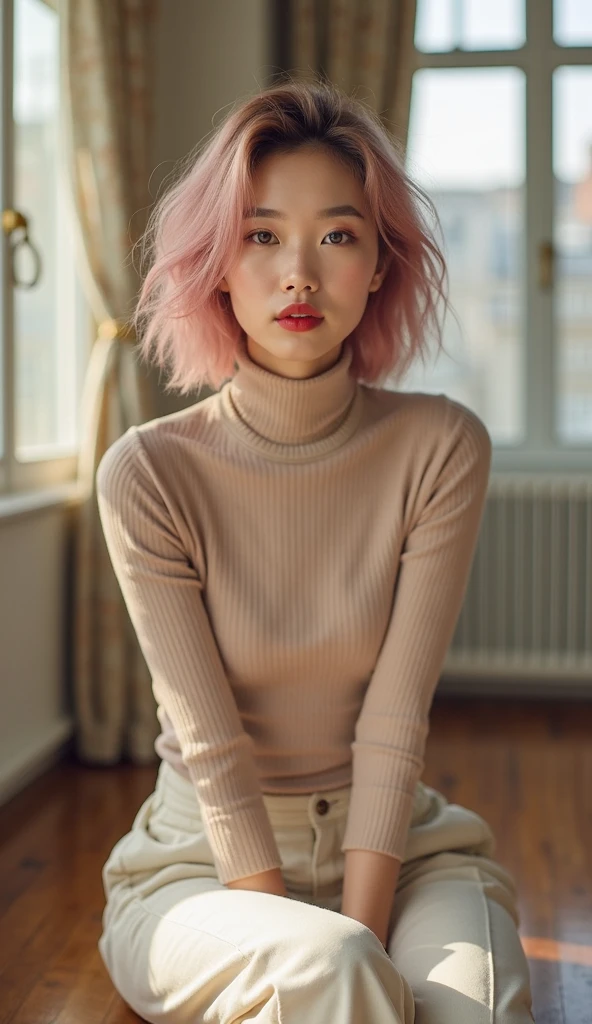 RAW photo of a 20 y.o [[japanese]] (american) woman, sitting in her messy room, ((wearing oversized sweater)), (detailed face), pink hair, grunge, ((visual kai)), emo, ((pastel goth)), wearing short skirt, wearing goth makeup, curvy body, large breasts, ((full body)), (high detailed skin:1.2), 8k uhd, dslr, soft lighting, high quality, film grain, Fujifilm XT3