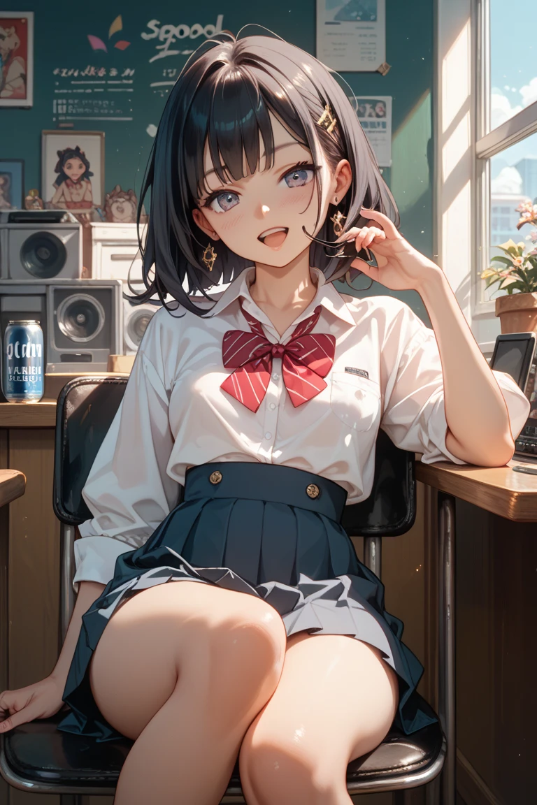 Katoumegumi, Megumi Katou, Brown Hair, short hair, (Brown eyes:1.5),happy smile, smile, Open your mouth, Red Tank Top Shirt,White long skirt,Black pantyhose,Stiletto heels,Open your mouth,sitting cross-legged on a chair,There is a computer and food on the table,interior,whole bodyがイラストに入るように,
break looking at viewer,whole body,
break indoors, office,
break (masterpiece:1.2), Highest quality, High resolution, unity 8k wallpaper, (shape:0.8), (Beautiful and beautiful eyes:1.6), Highly detailed face, Perfect lighting, Extremely detailed CG, (Perfect hands, Perfect Anatomy),
