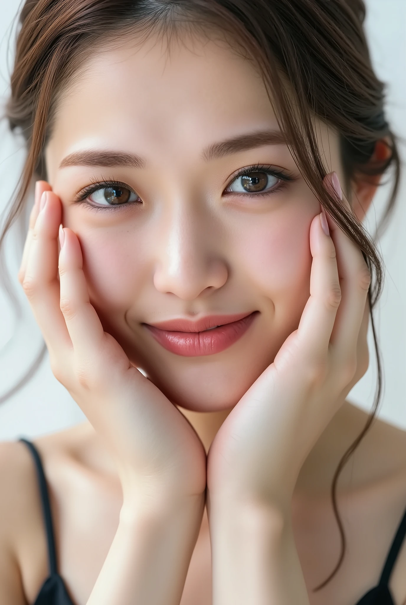 extreme close-up portrait, beautiful girl with her love-struck, radiant face filling the entire frame (95% face ratio), gently placing both open hands on her flushed cheeks with soft fingers, soft black camisole, white blurred background, eyes dreamy and half-lidded, deeply adoring gaze fixed straight at the viewer, irises ultra-detailed with intricate rainbow reflections and glowing catchlights, moist and sparkling eyes as if about to tear up from overwhelming joy, soft melting smile revealing slightly parted lips and upper teeth, skin with visible soft pores, realistic skin texture with warm lighting and subtle shadows, delicate eyelashes, glossy lips with natural highlights, cheeks glowing with deep blush, cinematic soft lighting, lifelike expression full of romantic euphoria, overflowing with happiness, warmth, and pure affection, subtly tilting her head as if whispering a name in total bliss, ultra photorealistic, masterpiece, 8K, hyperreal detail, skin pores, detailed iris texture, cinematic mood
