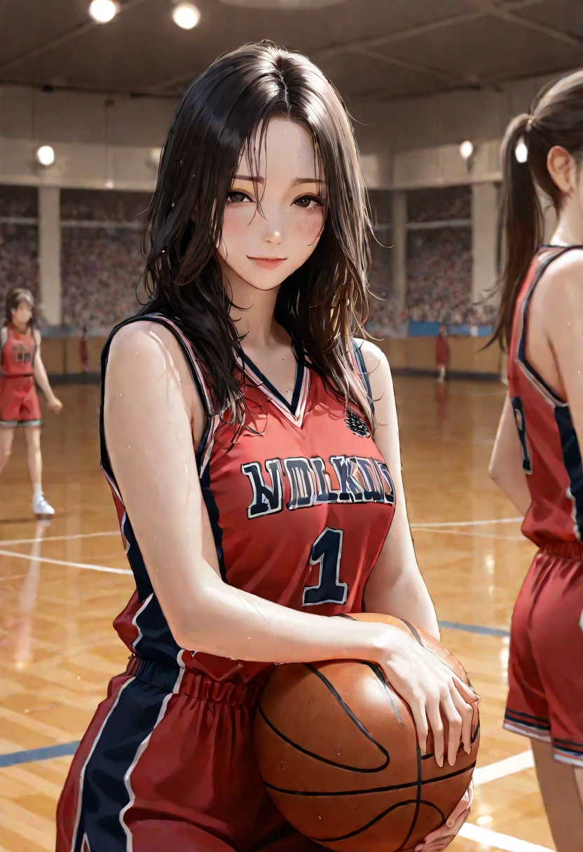 (Full Body Shot:1.3), Bokeh:1.2, Dynamic Angle, ((Professional basketball arena)), Cheering Audience,
girls, Fit, Black hair, pony-tail, basketball uniform, sparkly skin, Wet hair, jumping, Play Basketball, Laughter, Before the game is played, Preparing for the match, Warming up, Tension,
Detailed skin texture, Detailed face, Detailed Eyes,
(Raw foto, Best Quality, Masterpiece:1.2), (realisitic, Realistis:1.37), Professional Lighting, light on the face,