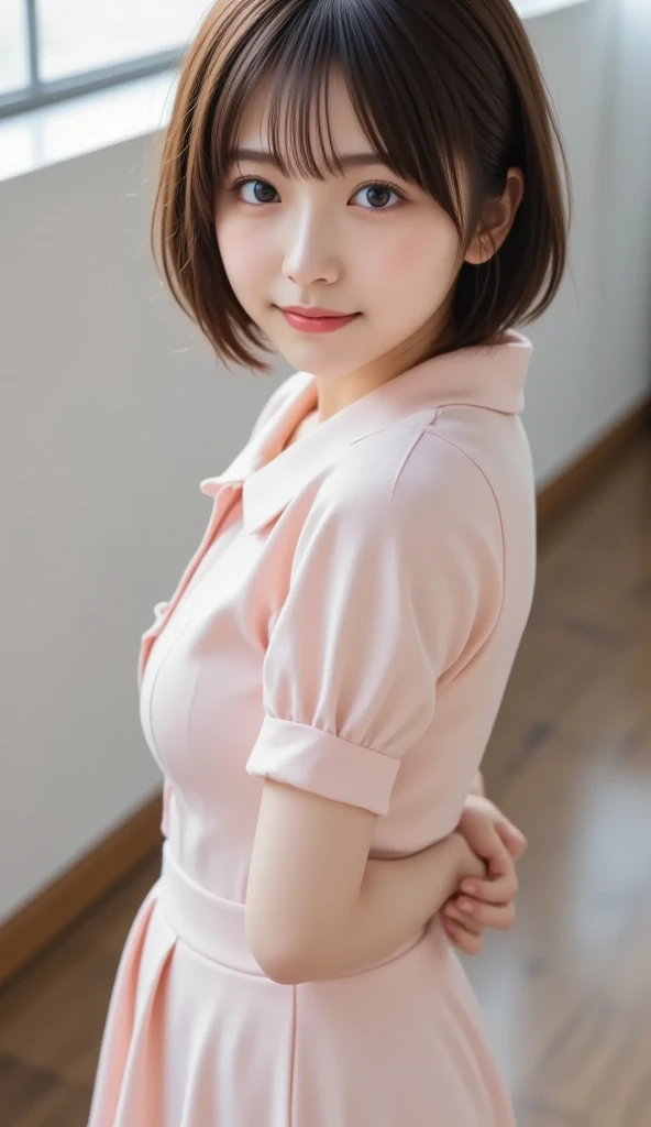 (8k、Highest quality、masterpiece:1.8、bangsのあるショートボブヘア:1.8、Everything is beautifully detailed)、(Real Stick:1.5、realism:1.5)、Highly detailed drawing、1 girl、cute、alone、Sitting、 (smile:1.15)、(Shut your mouth.)、big breasts、Looking into the camera、Looking into the camera胸、{gigantic|big|huge|mega} breasts, cleavage、Beautiful and beautiful eyes、big, Detailed and beautiful eyes、Transparent double eyelids、eyelash、Beautiful Lips、(Collared shirt:1.6)、(short hair:1.2)、bangs、beautiful long neck、smile、Shut your mouth.、cute face、Authenticistic skin types、Authentic texture、Unbutton、Pale pink lips、There's Really no background、Genuinely pure white background、28 years old,Natural light、upper lip not thick