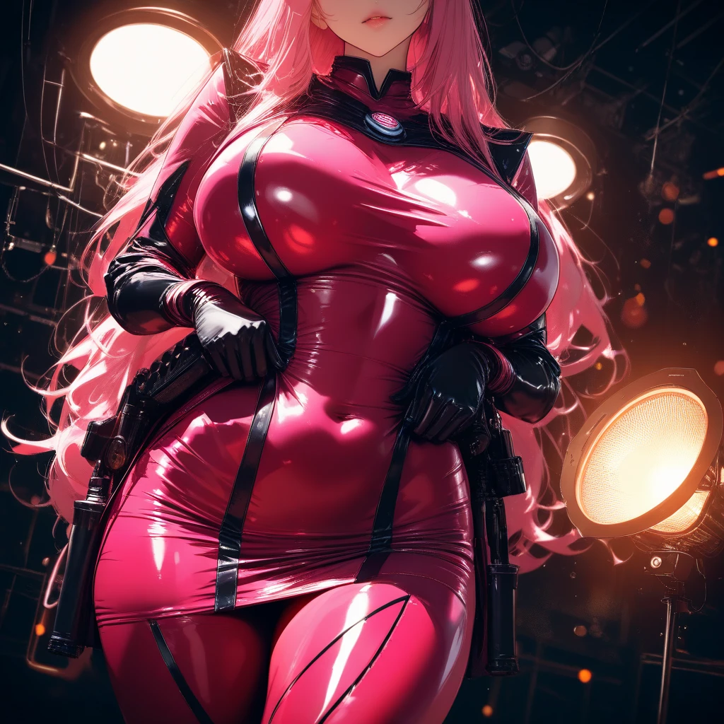 Extremely detailed CG unity 8k wallpaper, full shot body photo, (gigantic breasts), european, gorgeous clean face, (long pink hair), wide hips and waist, slim body, (wearing an sexualized futuristic suit), (visible navel), (visible thighs), (sanding in a cyberpunk office), skyscrapper and dark street trough the glass in background, sexy, sexualizedhes, high detail, sharp focus, dramatic, by deviant art and pornography, realism, beautiful and detailed lighting, shadows.
