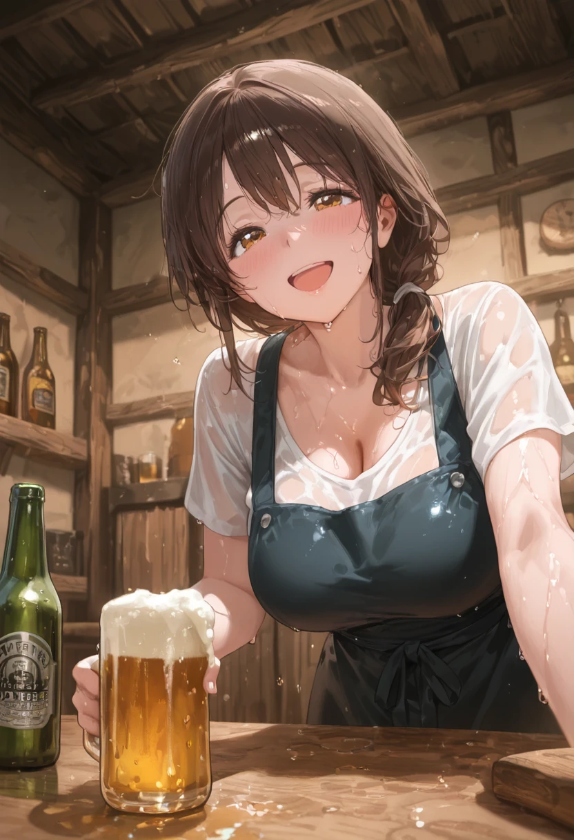 masutepiece, Best Quality, 女の子1人、huge-breasted、bbw、Holding (beer)1.5、Thumbs up、huge smile