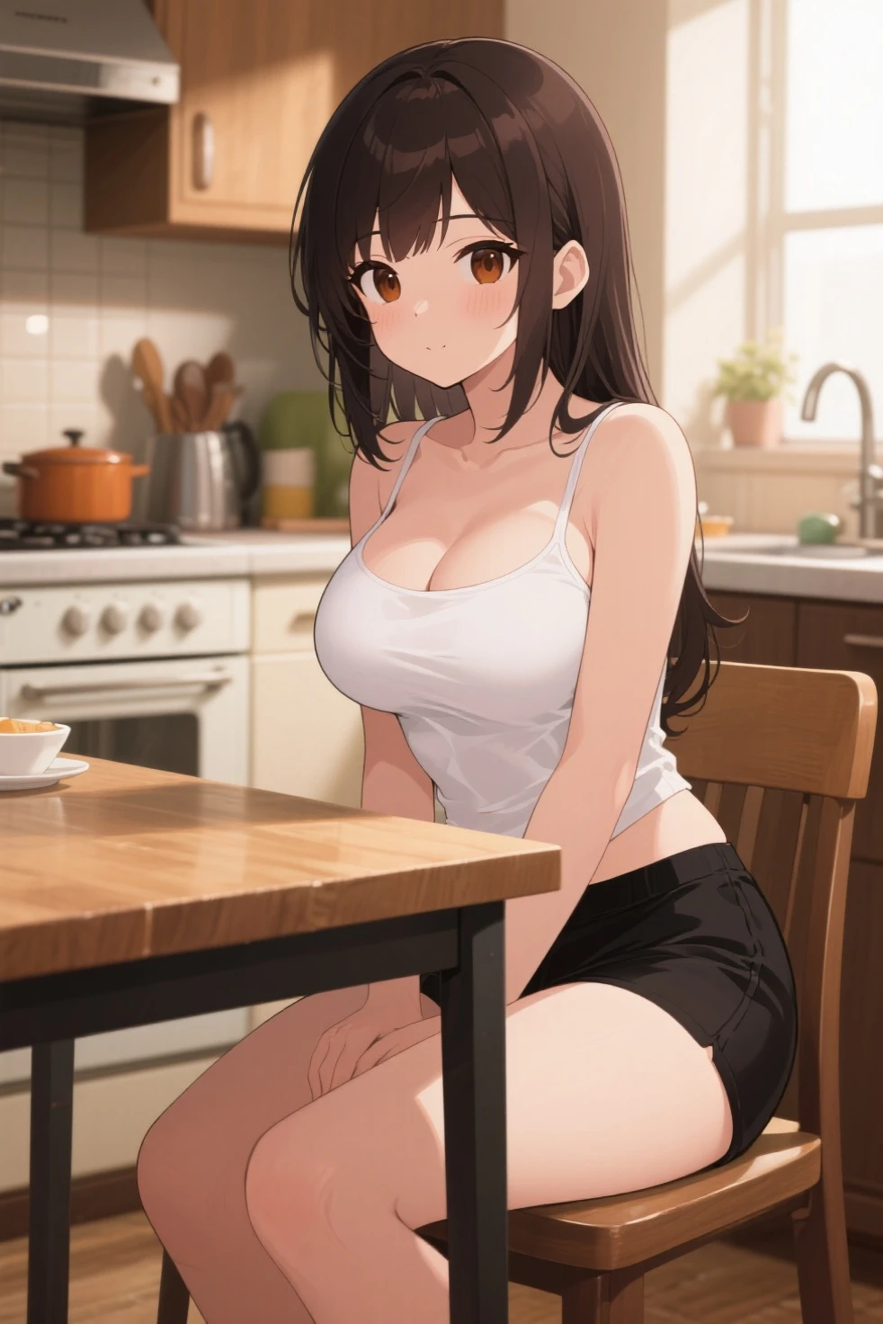 (Placing hand on chest:1.3), Upper Body, Realistic, real person, (pale skin: 1.2), RAW shiny skin, japanese idol、shiny hair、(25 year old woman with medium hair with bangs) and (wavy hair) and (brown hair) and (orange eyes) , (black:1.1) and (plain t-shirt) and (oversize) 、(embarrassed:1.2), The background is the living room、Alone、Are standing