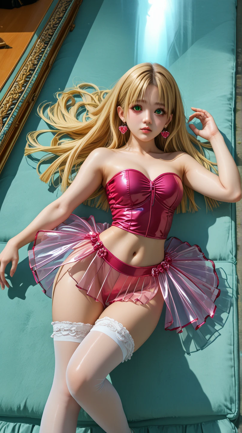 (ultra realistic,32k, masterpiece:1.2),(high detailed skin:1.1),( high quality:1.1),
1gil, blonde long hair, wearing pink mini bra and ((pink mini skirt)), huge breast,hugging her large breast,(beautiful, gorgeous, cute, 18 years old, european caucasian), beautiful make up, 8k, uhd, masterpiece