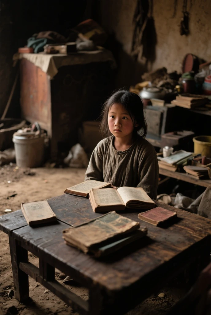 Asian children read books among war ruins,war village background