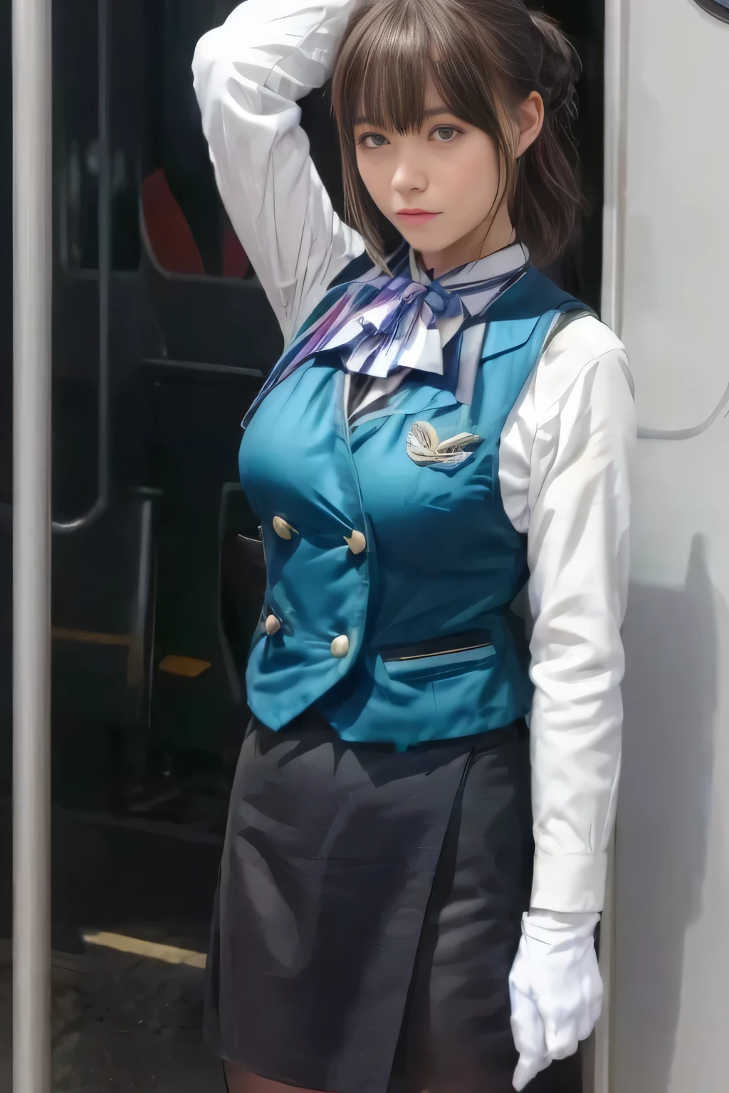 ponytail,Fullbody, skirtlift, open legs,A female airport staff member standing at an information desk in a modern airport terminal. She is dressed in a professional uniform, with a friendly and welcoming expression. The background includes signs in multiple languages, people walking by with luggage, and an overall busy airport atmosphere. The lighting is bright and natural, giving a clean and efficient look to the scene