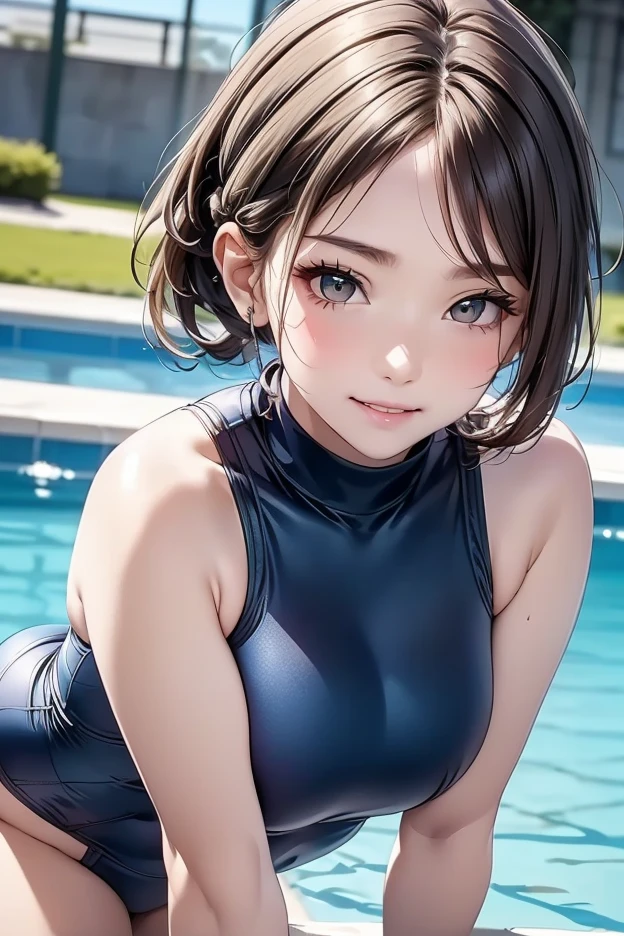 very cute and beautiful girl,(highly detailed beautiful face),blue school swimsuit, sitting,spread legs,looking at viewer,pool side,flowers in planters,(smile),black hair, (best quality,masterpiece:1.2),absurdres,highres,ultra-detailed,extremely detailed,32k, cinematic scene,detailed background,solo,dynamic angle, hair fluttering in the wind,beautiful detailed sky,