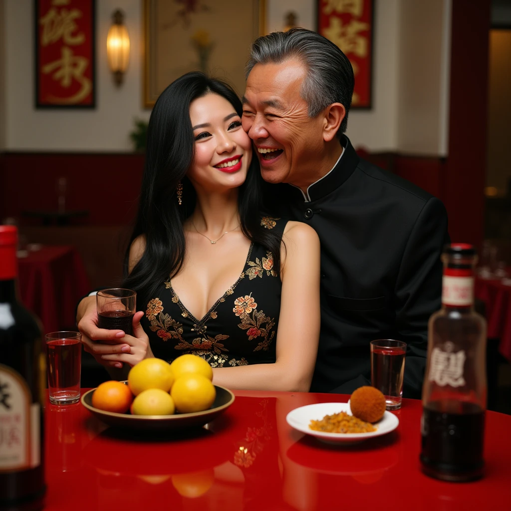 "In an exclusive lounge, dimly lit with soft jazz playing, Masaki Tanaka, age 58, a well-respected business tycoon, in a tête-à-tête with a beautiful hostess, age 22, plush velvet upholstery and mahogany setting, in a photorealistic image, cinematic style, Masaki in a perfectly tailored suit, relaxed yet commanding posture, arm around the hostess's slender waist, sharp eyes reflecting golden light, sharing a private joke, hostess in a figure-hugging dress, leaning into Masaki, atmosphere electrifying with charisma, clink of glasses, shared laughter, mutual attraction, intimate yet public setting, 50mm lens, warm and intimate lighting, high resolution 8K, capturing the essence of sophisticated flirtation and elite lifestyle (cinematic style:1.4), (sophisticated flirtation:1.3), (elite lifestyle:1.2)"
