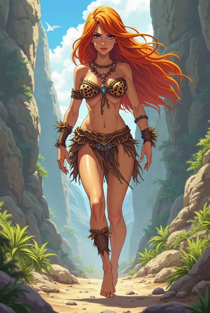A cavewoman wearing animal skin has long red hair blue eyes and she is 3 m tall she is quite muscular and she has Big boobs and a huge ass and big thighs and a huge hip