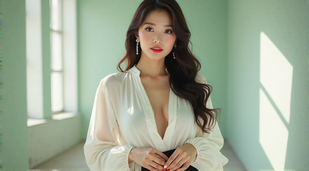 ((Top Quality, 8K, Masterpiece: 1.3)), Sharp Focus: 1.2, Realistic Pictures , (Shiny Skin:1.3), Realistic Photos, Black Hair, Big Cleavage, (Wearing a White Blouse:1.2), Realistic Pupils, Movie Lighting, Off Shoulder, Highly Detailed Eyes and Face, Smile