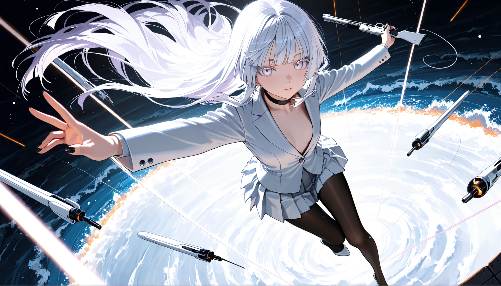 1girl, light lavender eyes, lush light lavender eyelashes, white Hair, straight bang, hime cut, flat Breast, black and white suit, long slit pleated skirt, Choker, pantyhose, nail polish, black nails, masterpiece, best quality, Perfect details, perfect composition, Perfect face, Perfect hand, absurdres, newest, very aesthetic, amazing quality, highres, film grain, Focus on the character, Cinematic, dramatic, Magnificent, looking at viewer, dynamic view, thin thread, cute expression, floating thin string, afterimage light effect following her, white theme, giant white structure, floating pose, Machine Summoner, Witch of the Machine, conductor, floating white particles, Mechanical, Artificial, floating white rifles, The glow waves that form in the air where her feet touch, Futuristic thick clothes, outside, battle field, white staff, ether energy, floating fin funnels, orange glow, magazine cover, Shining fingertips, Acrobatics, marionette, Promotional Illustration, lunatic,