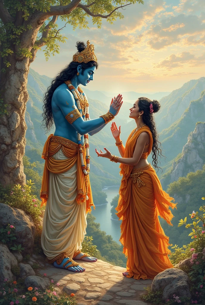 In cinematic 3D cartoon style. Marriage Proposal: Illustrate the scene where Lord Shiva formally proposes to Parvati. Parvati, blushing and filled with happiness, stands before her parents, who are overjoyed and accepting.