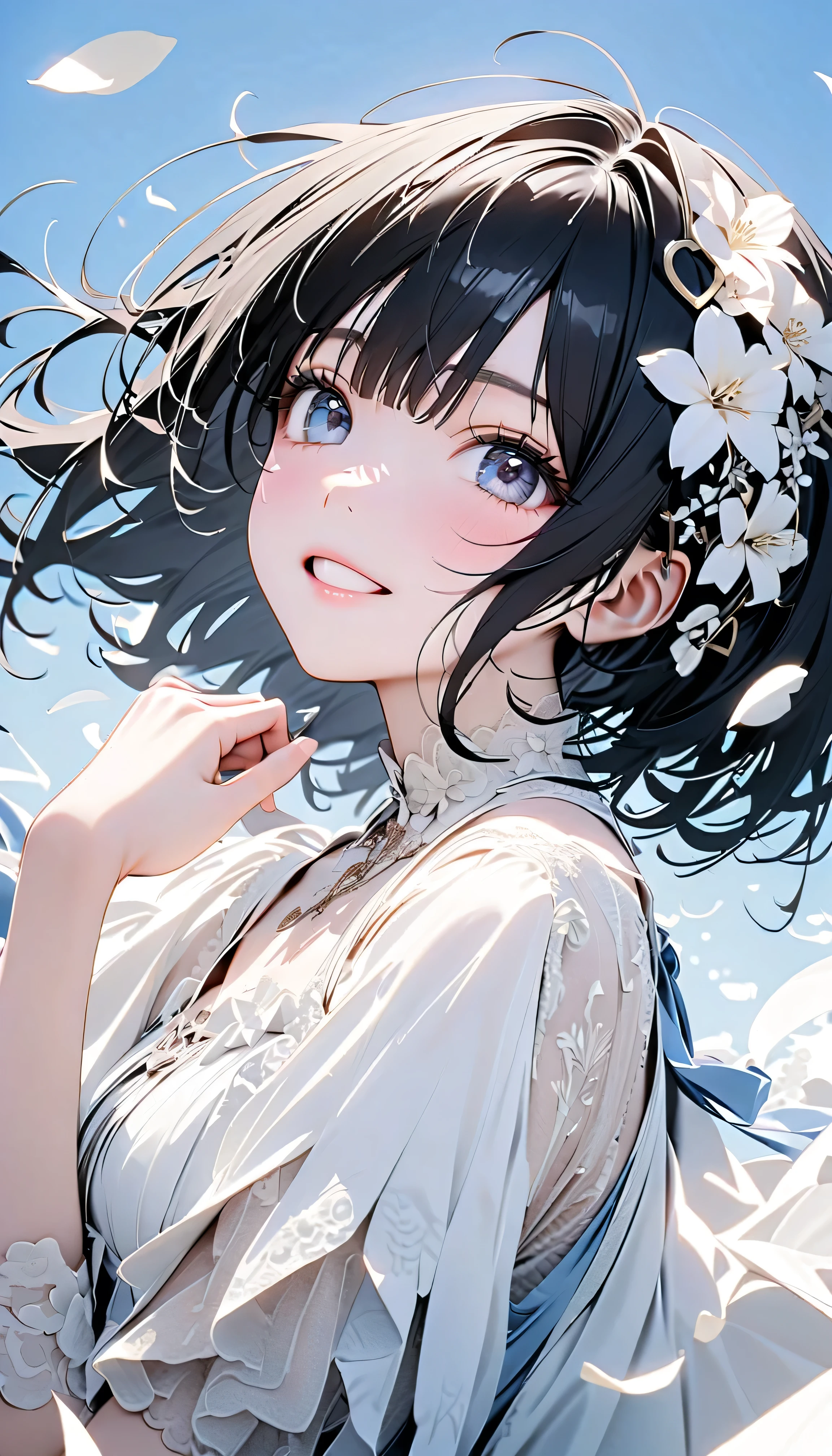 (Highest Quality:1.2, 非常にdetailsな, newest, Highest Quality, Best Aesthetics), 8K Ultra HD, 非常にdetailsな, details, Bold composition, (perfect human structure), beautiful and very delicate texture, (energetic, Digital Coloring, high contrast, masterpiece:1.2, Highest Quality, Best Aesthetics, wind), (white petals dance:1.2, ファンタジーのwind景:1.4), white petal background, delicate and dynamic, fantastic, Romantic and sweet style, コンセプトアートwind, Blessed Virgin Mary white dress, bright light, Beautiful World, New World, そよwindで舞う, accurate, Dynamic Angle, angel, 1 woman, upper body shot, black hair, young, Textured Skin, shiny skin, charming smile, Girl Beauty , Miraculous Beauty Symbol, (((White Flower Hair Accessory, white flower dress :1.2))), 2.5d, realistic