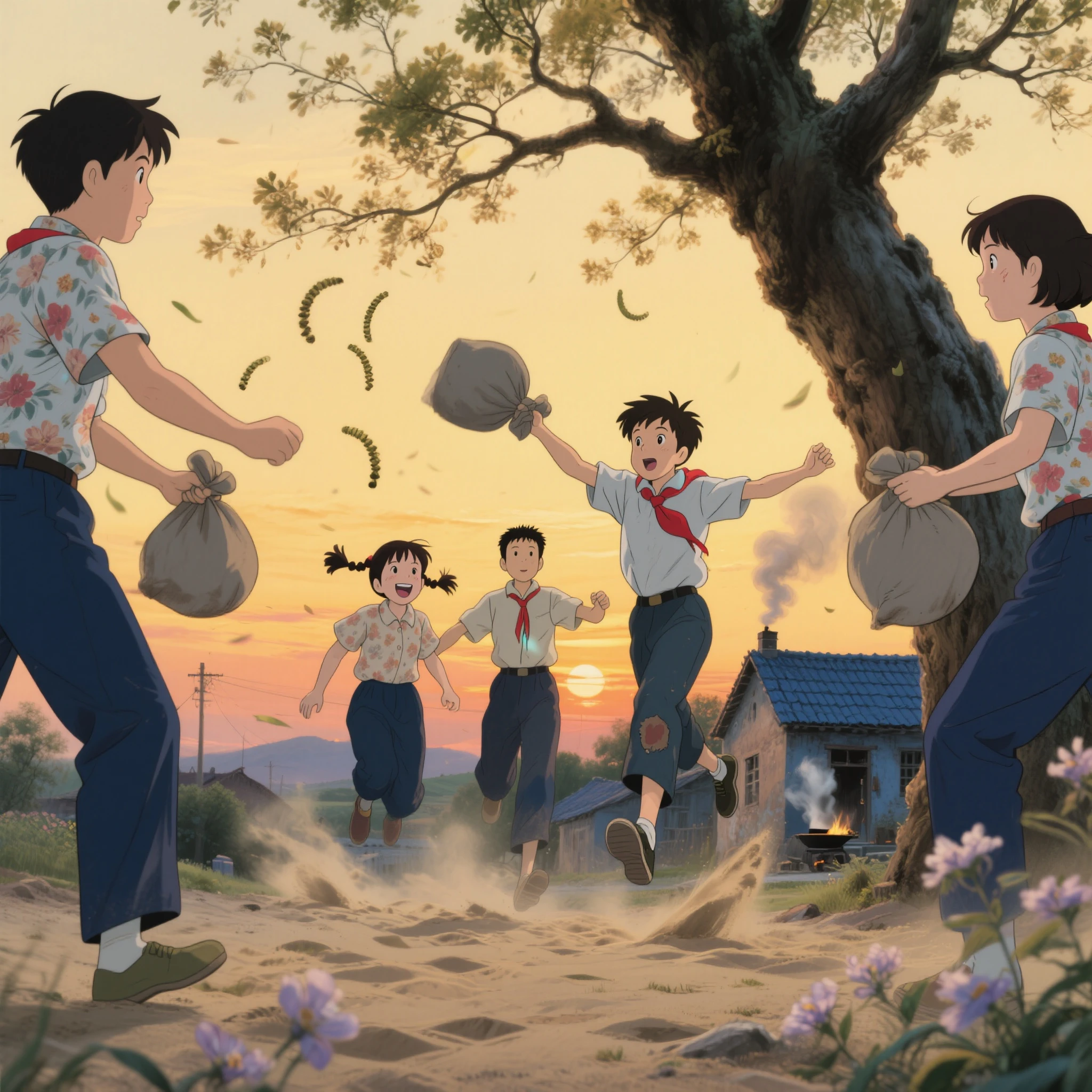 Healing illustrations,wide-angle lens,Hayao Miyazaki style,From a perspective, you can see,A northern village at dusk in the 1980s,Amber sunset dyes the sky,A sturdy old locust tree。Two groups of people wearing floral short-sleeved shirts、ren in dark blue cloth pants are at both ends of the picture,In the middle, three ren are jumping to avoid sandbags:A boy with a red scarf leans back and reveals a patch on his trouser leg,A girl with twin ponytails laughs and shows her gap teeth,A tall and thin boy keeps balance on one foot。A boy wearing Liberation shoes on the throwing side swings his arms to throw a gray cloth sandbag,Sandbags as big as fists,Sandbags draw arcs in the air,A round-faced girl on the receiving side opens her arms and stares at the flight trajectory。A blue-tiled house with smoke curling from cooking can be seen in the distance。with yellowed film texture,Accurate motion blur processing of characters,Sweaty hair and sandbags are clearly visible,Falling locust flowers embellish the picture space。