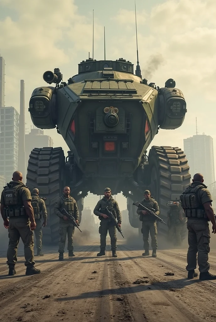 soldiers are walking in front of a military vehicle with a large tank, steampunk concept art, nekro iii, road warrior, inspired by Mirabello Cavalori, skaven, promotional render, panoramic anamorphic, symmetrical dieselpunk warrior, giant guns --auto --s2