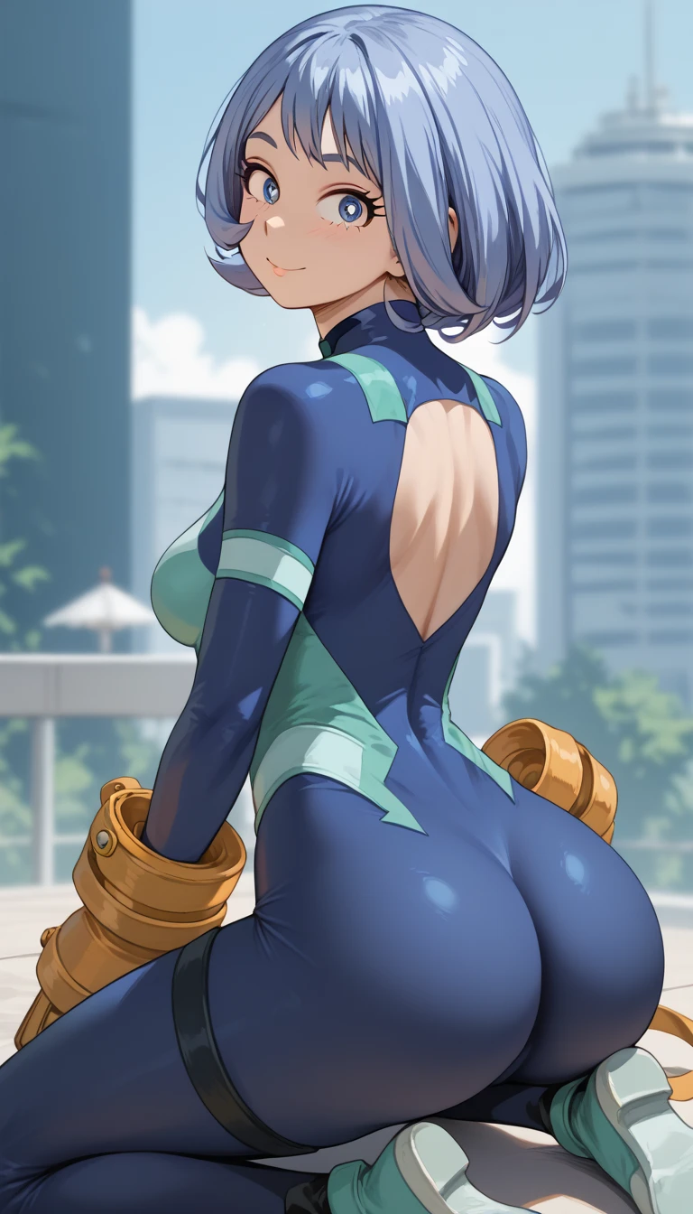 8K, (best quality, masterpiece:1.3), (detailed:1.2), (Detailed face:1.2), (Detailed eyes: 1.2),1girl, solo, 1girl, solo, marianne von edmund dressed up as Zero Suit Samus, short blue hair, brown eyes, medium breasts, zero suit, upper body, arms at sides, kinky smile, thrilled smile, closed mouth, excited expression on face, blushing, looking from behind, bent forward, bent over, ass focus