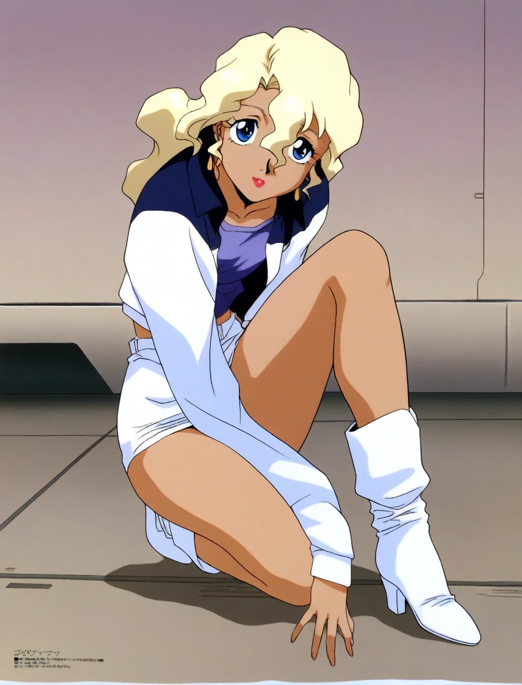 (Blonde Barbie:1.2),(Pink outfit:1.1),(90s Vintage:1.1),(Romance Anime Style:1.3), One person、Arcade、 Pink Cardigan, Black Hair, Lip gloss, cigarette、90s fashion、Cigarette on the sofa
