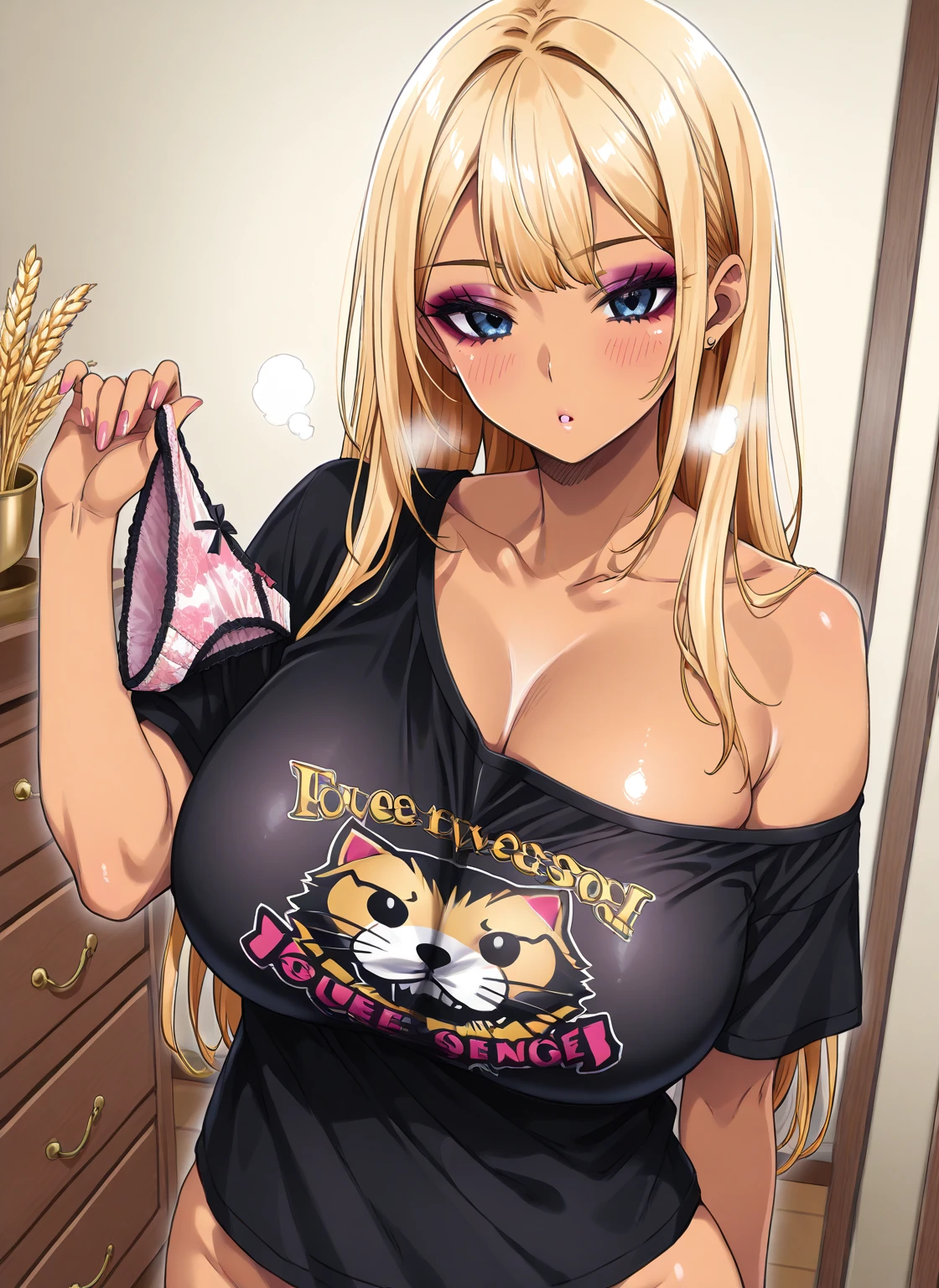 (((screaming , big breasts))), exclamation mark, Moaning, Many Hearts,spoken heart, comic strip,
grab your chest、shake、((moving line, motion blur))、lots of heart speech bubbles,(((Lightweight off-the-shoulder sweater)))、brown skin、(((gal、Pink leopard print underwear、sexy bitch、blonde、heavy makeup,galメイク)))、full shot, (Ahegao:0.5)