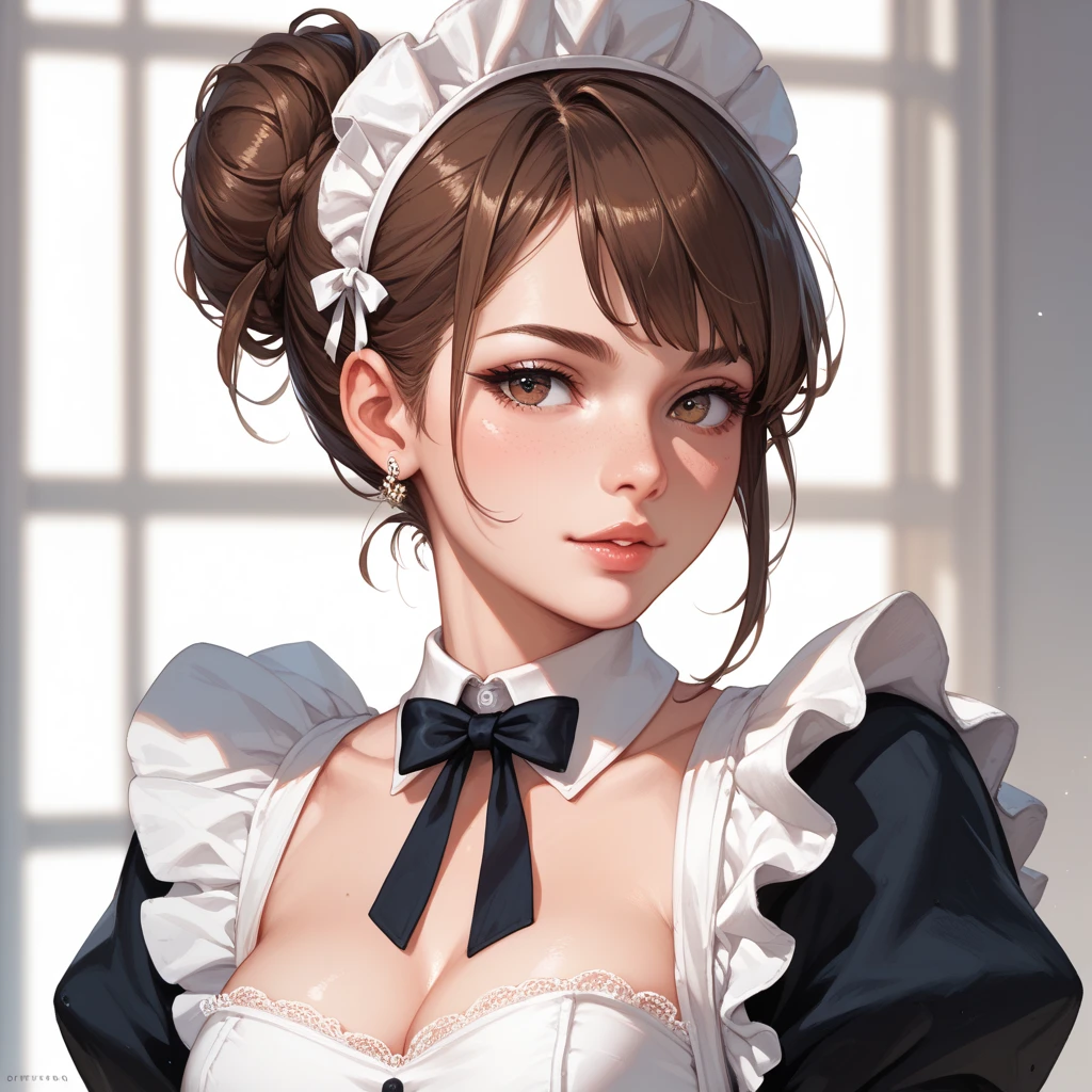 ((best quality)), ((Masterpiece)), (details), Young woman, alone, (Medium bust, brown hair, yellow eyes, ((Ponytail)) , Hip fart, handsome face, (Tanned skin:1.3), Long eyelashes,Thick eyelashes) , Maid outfit, Housewife headband, look at the audience, 