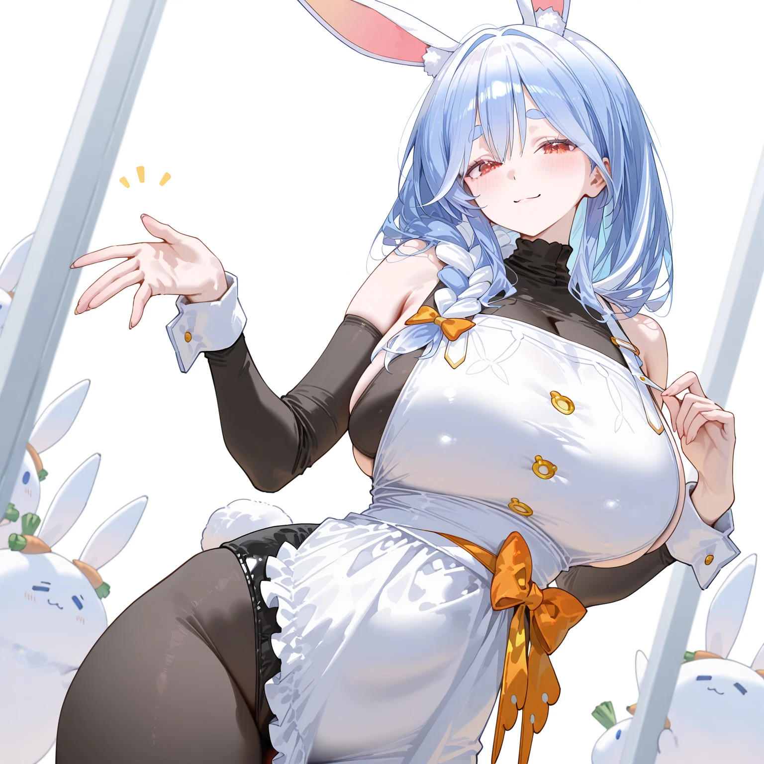 a woman in a bunny suit is posing for a picture, bunny girl, with big rabbit ears, ultrarealistic sweet bunny girl, with long floppy rabbit ears, seductive anime girl, with bunny ears, loli in dress, from girls frontline, top rated on pixiv, oppai, rabbit ears, breasts covered and sfw, cute anime catgirl, shikamimi, Blue eyes, draw hands better